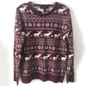 Forever 21 Reindeer Fair Isle Christmas Burgundy Sweater Crewneck Medium